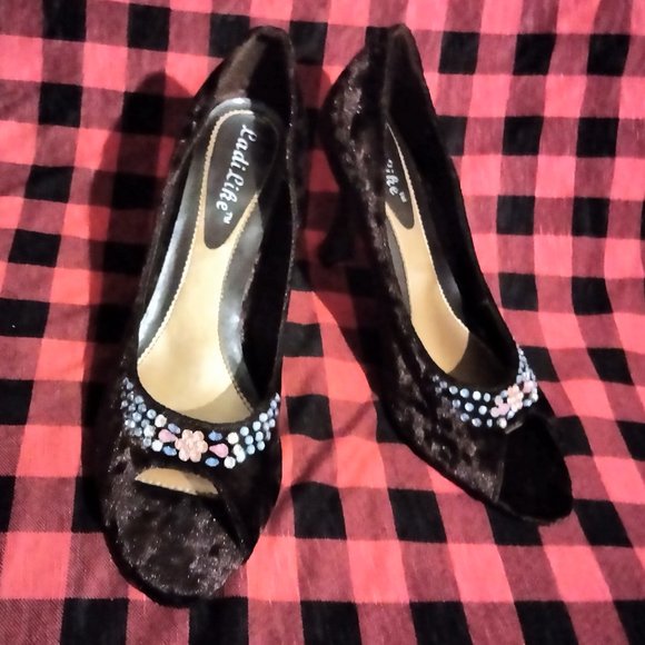 LADILIKE Women High Heels Shoes Velvet Rhinestone Open Toe Brown Size 9 - Picture 6 of 6